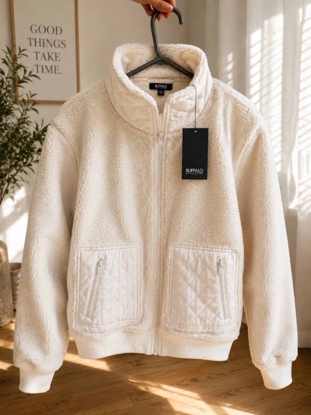 Buffalo David Bitton NWOT Cream Sherpa Fleece Quilted Jacket Size Small